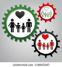 Family symbol with heart. Husband and wife are kept children's hands. Vector. Three connected gears with icons at grayish background.