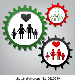 Family symbol with heart. Husband and wife are kept children's hands. Love. Vector. Three connected gears with icons at grayish background.