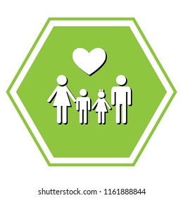 Family symbol with heart. Husband and wife are kept children's hands. Vector. White icon with black shadow at yellow green honeycomb on white background.