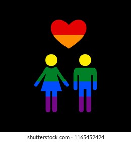 Family symbol with heart. Husband and wife are kept each other's hands. Love. Vector. Icon with colors of LGBT flag at black background.