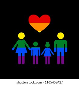 Family symbol with heart. Husband and wife are kept children's hands. Vector. Icon with colors of LGBT flag at black background.