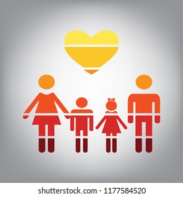 Family symbol with heart. Husband and wife are kept children's hands. Vector. Horizontally sliced icon with colors from sunny gradient in gray background.