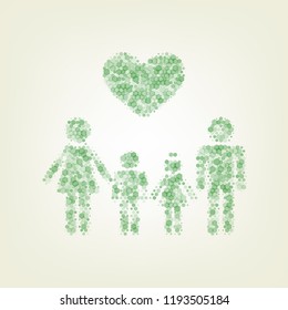 Family symbol with heart. Husband and wife are kept children's hands. Vector. Green hexagon rastered icon and noised opacity and size at light green background with central light.