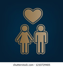 Family symbol with heart. Husband and wife are kept each other's hands. Love. Vector. Golden icon and border at dark cyan background.