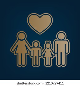 Family symbol with heart. Husband and wife are kept children's hands. Vector. Golden icon and border at dark cyan background.