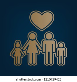 Family symbol with heart. Husband and wife are kept children's hands. Love. Vector. Golden icon and border at dark cyan background.