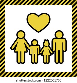 Family symbol with heart. Husband and wife are kept children's hands. Vector. Warm yellow icon with black contour in frame named as under construction at white background. Isolated.