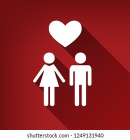 Family symbol with heart. Husband and wife are kept each other's hands. Love. Vector. White icon with limitless shadow at ruby red background.