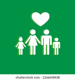 Family symbol with heart. Husband and wife are kept children's hands. Love. Vector. White flat icon with yellow striped shadow at green background.