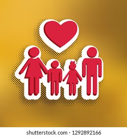 Family symbol with heart. Husband and wife are kept children's hands. Vector. Magenta icon with darker shadow, white sticker and black popart shadow on golden background.