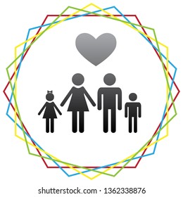 Family symbol with heart. Husband and wife are kept children's hands. Love. Vector. Black icon with patch of light inside colorful hexagonal frames at white background.