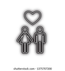 Family symbol with heart. Husband and wife are kept each other's hands. Love. Vector. Double contour black icon with soft shadow at white background. Isolated.