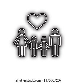 Family symbol with heart. Husband and wife are kept children's hands. Vector. Double contour black icon with soft shadow at white background. Isolated.