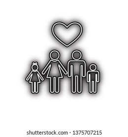 Family symbol with heart. Husband and wife are kept children's hands. Love. Vector. Double contour black icon with soft shadow at white background. Isolated.