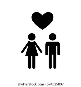 Family symbol with heart. Husband and wife are kept each other`s hands. Love. Flat style black icon on white.