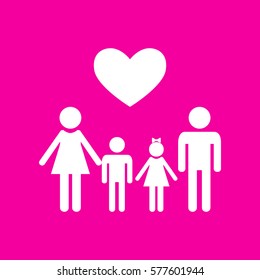 Family symbol with heart. Husband and wife are kept children's hands. White icon at magenta background.