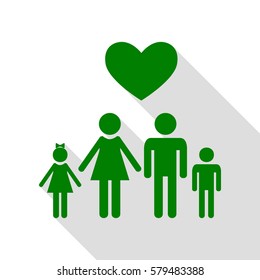 Family symbol with heart. Husband and wife are kept children's hands. Love. Green icon with flat style shadow path.