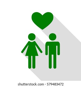 Family symbol with heart. Husband and wife are kept each other`s hands. Love. Green icon with flat style shadow path.