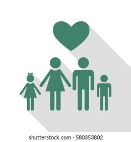 Family symbol with heart. Husband and wife are kept children's hands. Love. Veridian icon with flat style shadow path.