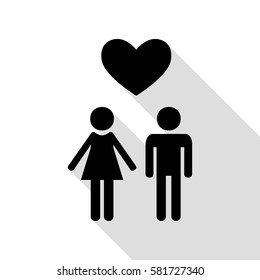 Family symbol with heart. Husband and wife are kept each other`s hands. Love. Black icon with flat style shadow path.