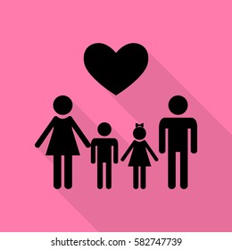 Family symbol with heart. Husband and wife are kept children's hands. Black icon with flat style shadow path on pink background.