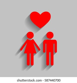 Family symbol with heart. Husband and wife are kept each other`s hands. Love. Vector. Red icon with soft shadow on gray background.