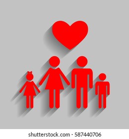 Family symbol with heart. Husband and wife are kept children's hands. Love. Vector. Red icon with soft shadow on gray background.