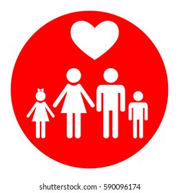 Family symbol with heart. Husband and wife are kept children's hands. Love. Vector. White icon in red circle on white background. Isolated.