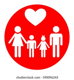 Family symbol with heart. Husband and wife are kept children's hands. Vector. White icon in red circle on white background. Isolated.
