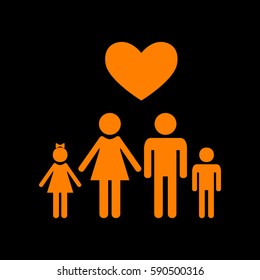 Family symbol with heart. Husband and wife are kept children's hands. Love. Orange icon on black background.