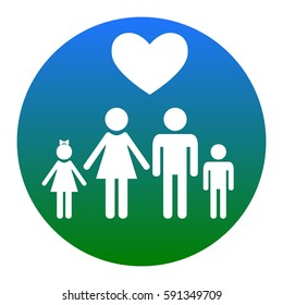 Family symbol with heart. Husband and wife are kept children's hands. Love. Vector. White icon in bluish circle on white background. Isolated.