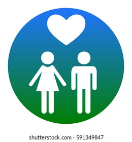 Family symbol with heart. Husband and wife are kept each other`s hands. Love. Vector. White icon in bluish circle on white background. Isolated.