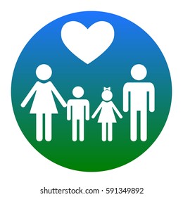 Family symbol with heart. Husband and wife are kept children's hands. Vector. White icon in bluish circle on white background. Isolated.