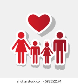 Family symbol with heart. Husband and wife are kept children's hands. Vector. New year reddish icon with outside stroke and gray shadow on light gray background.