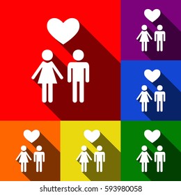 Family symbol with heart. Husband and wife are kept each other`s hands. Love. Vector. Set of icons with flat shadows at red, orange, yellow, green, blue and violet background.