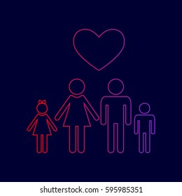 Family symbol with heart. Husband and wife are kept children's hands. Love. Vector. Line icon with gradient from red to violet colors on dark blue background.