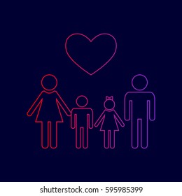 Family symbol with heart. Husband and wife are kept children's hands. Vector. Line icon with gradient from red to violet colors on dark blue background.