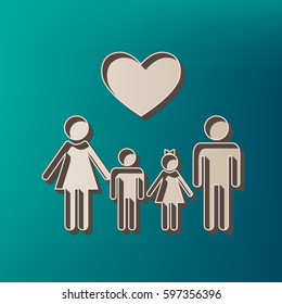 Family symbol with heart. Husband and wife are kept children's hands. Vector. Icon printed at 3d on sea color background.