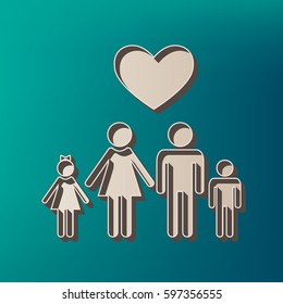 Family symbol with heart. Husband and wife are kept children's hands. Love. Vector. Icon printed at 3d on sea color background.