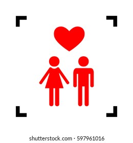 Family symbol with heart. Husband and wife are kept each other`s hands. Love. Vector. Red icon inside black focus corners on white background. Isolated.