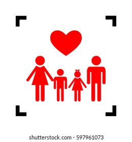 Family symbol with heart. Husband and wife are kept children's hands. Vector. Red icon inside black focus corners on white background. Isolated.