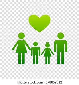 Family symbol with heart. Husband and wife are kept children's hands. Vector. Green gradient icon on transparent background.