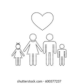 Family symbol with heart. Husband and wife are kept children's hands. Love. Vector. Black dotted icon on white background. Isolated.