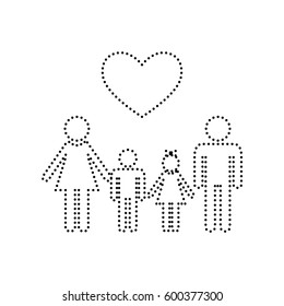 Family symbol with heart. Husband and wife are kept children's hands. Vector. Black dotted icon on white background. Isolated.