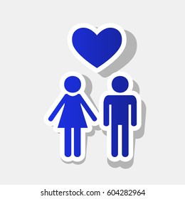 Family symbol with heart. Husband and wife are kept each other`s hands. Love. Vector. New year bluish icon with outside stroke and gray shadow on light gray background.