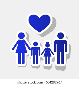 Family symbol with heart. Husband and wife are kept children's hands. Vector. New year bluish icon with outside stroke and gray shadow on light gray background.