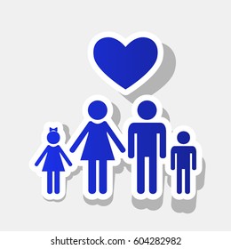 Family symbol with heart. Husband and wife are kept children's hands. Love. Vector. New year bluish icon with outside stroke and gray shadow on light gray background.
