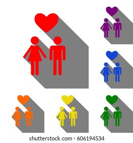 Family symbol with heart. Husband and wife are kept each other`s hands. Love. Set of red, orange, yellow, green, blue and violet icons at white background with flat shadow.