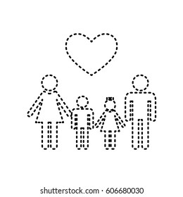 Family symbol with heart. Husband and wife are kept children's hands. Vector. Black dashed icon on white background. Isolated.