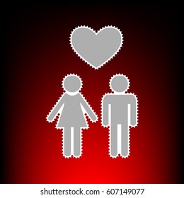 Family symbol with heart. Husband and wife are kept each other`s hands. Love. Postage stam or old photo style on red-black gradient background.